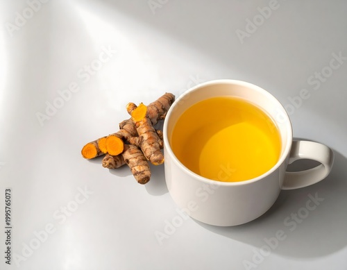Turmeric herbal tea in white cup with fresh roots, minimalist wellness still life, warm conceptual mood, AI generated digital art