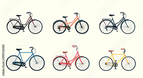 Collection of six vintage city bicycles in flat illustration style