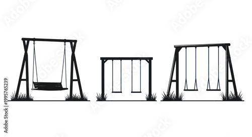 Silhouette of three playground swings on white background