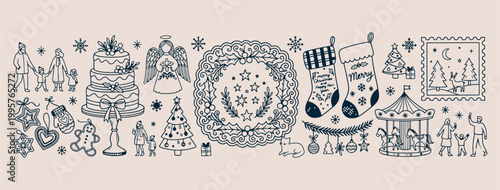 Christmas wreath and stocking illustration, Hand drawn festive holiday line art, Minimalist winter season vector design, Aesthetic Xmas decoration doodle set, Creative holiday ornament sketch graphics
