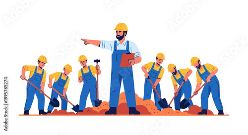 Construction workers digging and following instructions from a supervisor.