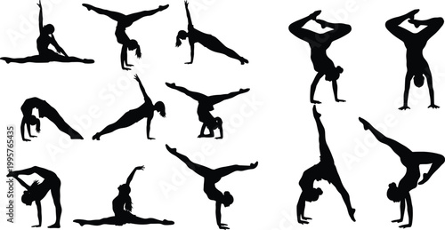 Black silhouettes of female gymnast performing acrobatic handstands, flexible splits, and fitness yoga poses, isolated on white background vector illustration.