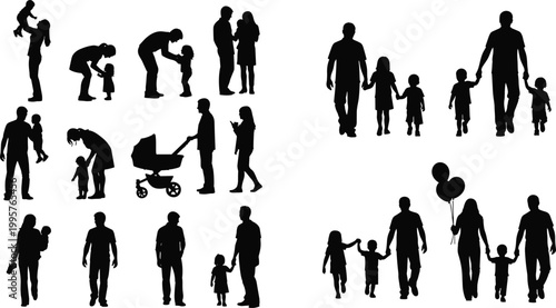 Comprehensive collection of family silhouettes featuring parents walking with children, babies in strollers, fathers holding sons, and happy mothers with balloons.
