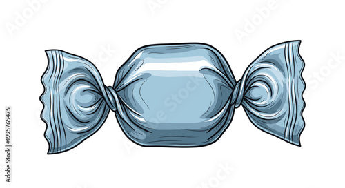 Illustration of a single blue wrapped hard candy isolated on white background.