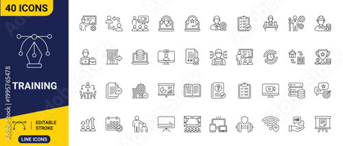 Training and development icons set, symbolizing education, learning, and skill enhancement for professional growth and business advancement
