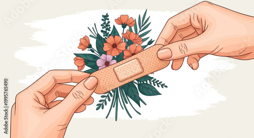 Hands applying a bandage to a bouquet of flowers symbolizing emotional healing and recovery