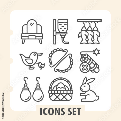 Makeup mirror, chickens, earrings icons, collection illustrating concepts such as daily life, nature and holiday traditions. Set of nine line icons on white background.