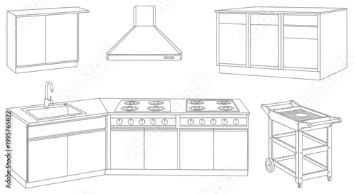 Kitchen Furniture and Appliances Line Drawing Set - Vector Illustration