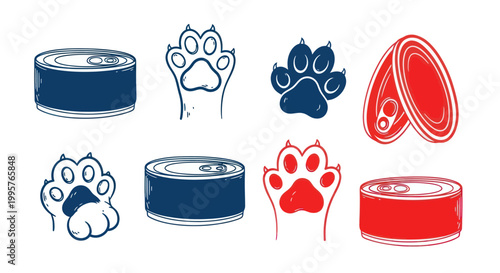 Pet Food Cans and Paw Prints - Vector Icons