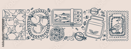 Canned sardines gourmet line art, Hand drawn seafood kitchen illustration, Minimalist canned food vector design, Aesthetic Mediterranean food sketch set, Creative sardine tin doodle graphics, Professi
