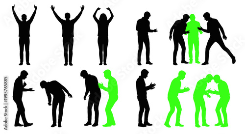 Silhouette People Gestures Set: Celebration, Arguing, Interaction, Movement