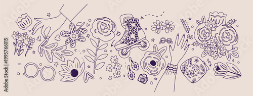 Retro roller skate line art, Hand drawn vintage skate illustration, Minimalist summer fun doodle vector, Aesthetic disco skating sketch set, Creative 80s style hobby graphics, Professional roller derb