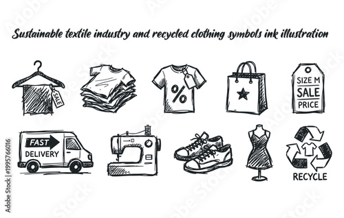 Sustainable textile industry and recycled clothing symbols ink illustration