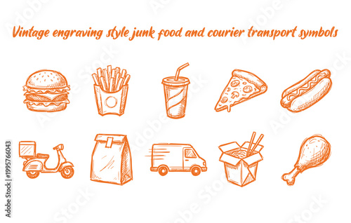 Vintage engraving style junk food and courier transport symbols