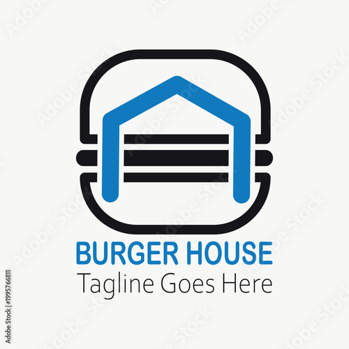 Minimalist burger house lineart logo,  Fast food, minimalist, burger combination with house in solid background, flat design, vintage, retro, cartoon, Logotype, cafe restaurant,