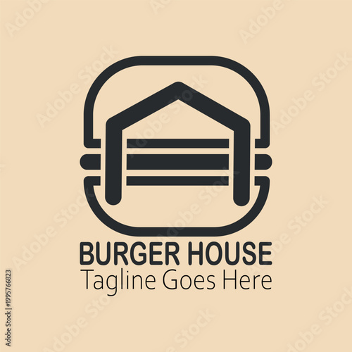 Minimalist burger house lineart logo,  Fast food, minimalist, burger combination with house in solid background, flat design, vintage, retro, cartoon, Logotype, cafe restaurant,