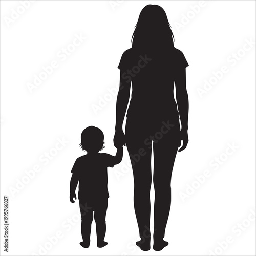 Mother and child silhouette, family icon, black vector illustration, parent and kid