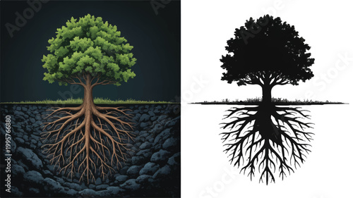 Tree of Life: An artistic split-screen perspective showcases the duality of nature, with a vibrant tree flourishing above and a detailed root system anchoring it below, representing growth, strength.