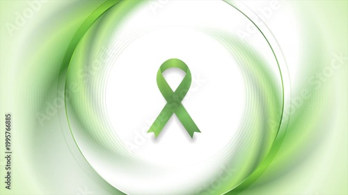 Green awareness ribbon symbol for mental health, lymphoma, or liver cancer awareness on smooth abstract green white spiral background. Healthcare motion design. Video animation Ultra HD 4K 3840x2160