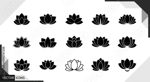 Black lotus flower icons on white.