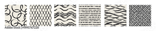 Vector seamless pattern set. Abstract background with brush strokes. Monochrome, hand-drawn print. Artistic tileable strokes. Collection of creative swatches. Modern surface design.