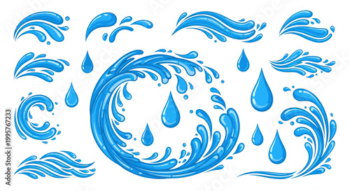 Collection of various blue water droplets.