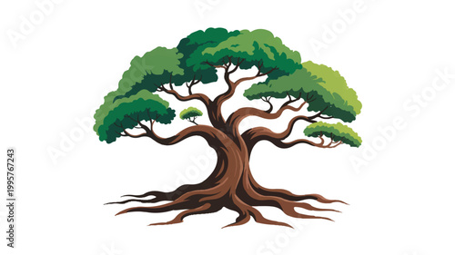 A Majestic Oak Tree: A beautifully illustrated oak tree stands tall, its sprawling branches adorned with vibrant green foliage, showcasing nature's timeless beauty and resilience.