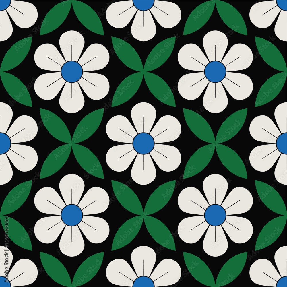 Obraz premium Flower seamless pattern with white petals and blue centers on black background