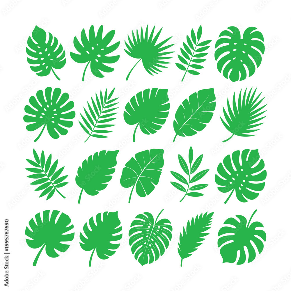 Naklejka premium Leaf green tropical illustration set of various shapes and sizes