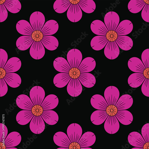 Flower seamless pattern with vibrant purple flowers on black background
