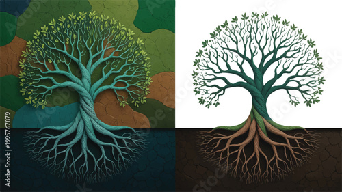 Tree of Life: A vibrant illustration showcasing the duality of life. Half in full bloom, symbolizing vitality and growth. The other half in dormancy, representing rest and potential.