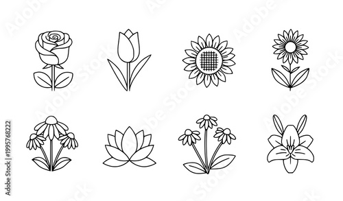Blooming flowers line icon set vector botanical outline editable stroke