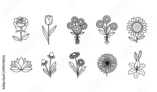 Floral line icons vector set blooming plants outline editable stroke