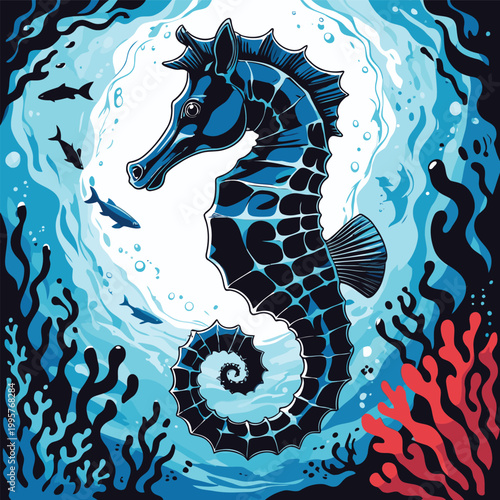 vector image of a seahorse swimming in the sea