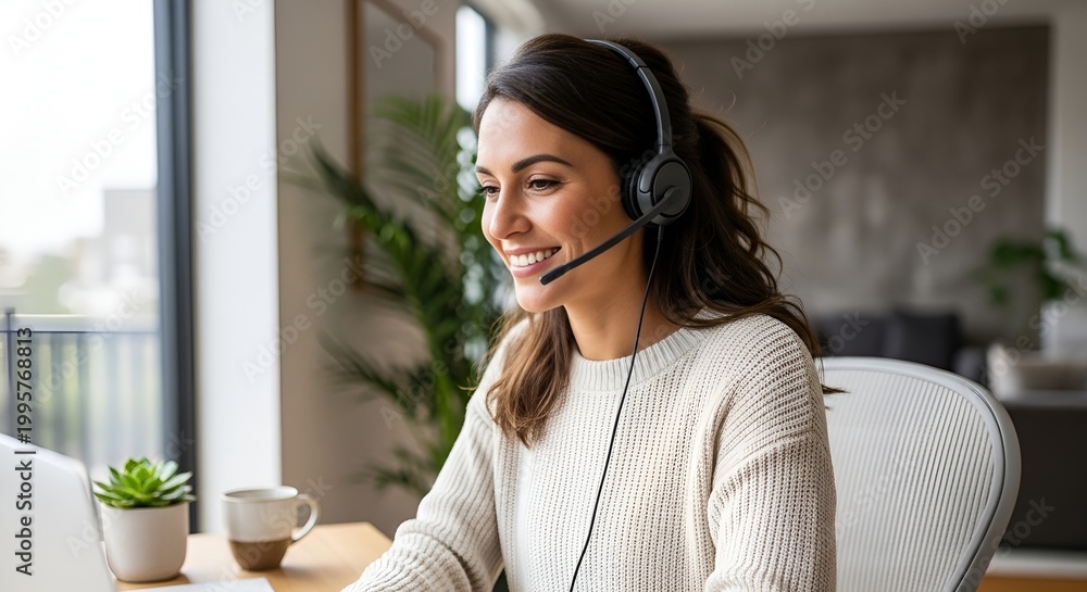 Naklejka premium Smiling woman with headset working from home on laptop, customer support
