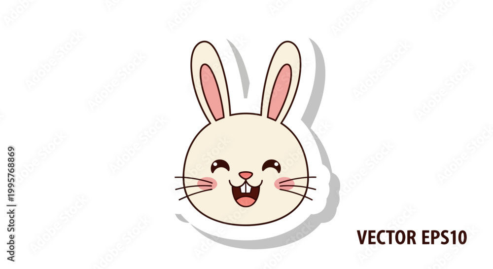 Fototapeta premium Cute cartoon bunny face sticker, happy rabbit illustration