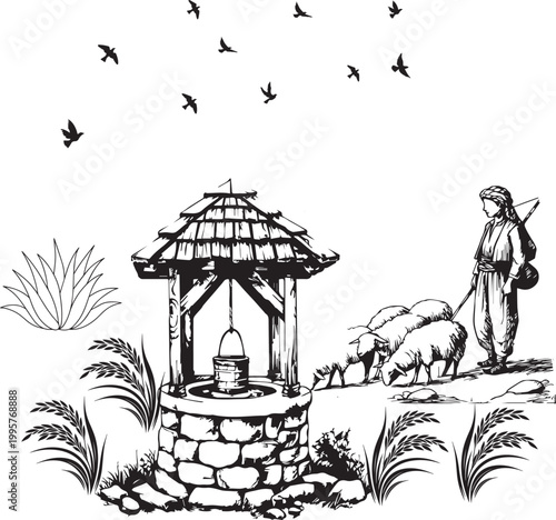 Young shepherd tending sheep near well