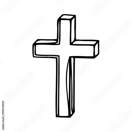 Logotipo con dibujo minimalista con una línea única de una cruz cristiana en perspectiva. Símbolo de cruz religiosa	