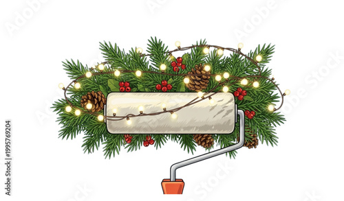 Festive paint roller spruce fairy lights winter home makeover vector