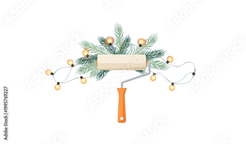 Christmas home renovation paint roller vector spruce lights winter concept