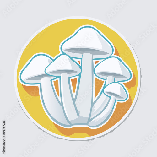 Illustration of White Mushrooms in a Yellow Circle