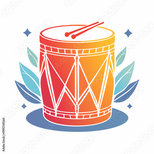 Illustration of a colorful drum with drumsticks and leaves