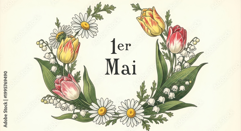 Obraz premium Floral wreath for May Day in French style with daisies, tulips, and lilies of the valley