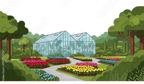 Botanical garden greenhouse vector landscape floral nature illustration