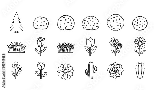 Garden plant line icons vector set trees shrubs grass flowers illustration