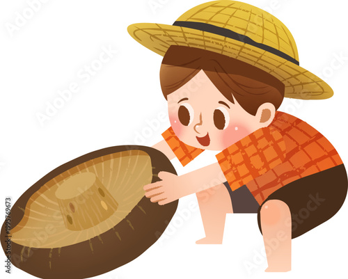 Children wearing vintage costume playing dry mushroom