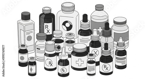 Collection of assorted pharmaceutical bottles and vials with RX symbols.
