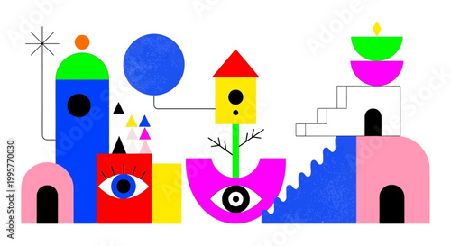Vibrant abstract illustration of surreal structures and eyes in redcv style