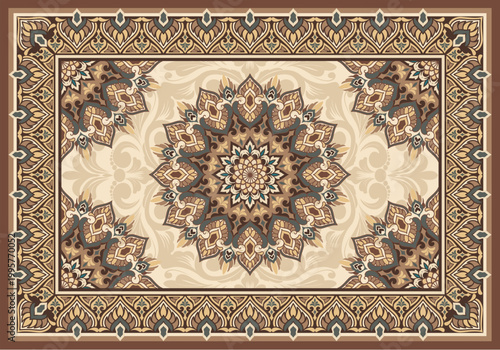 Vintage floral mandala damask pattern in beige and brown tones with ornate details and border, ideal for textile, wallpaper, and luxury decor.
