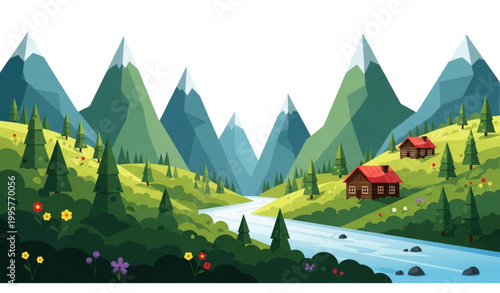 Tableau sur toile Mountain landscape vector serene nature river hills cabin scene